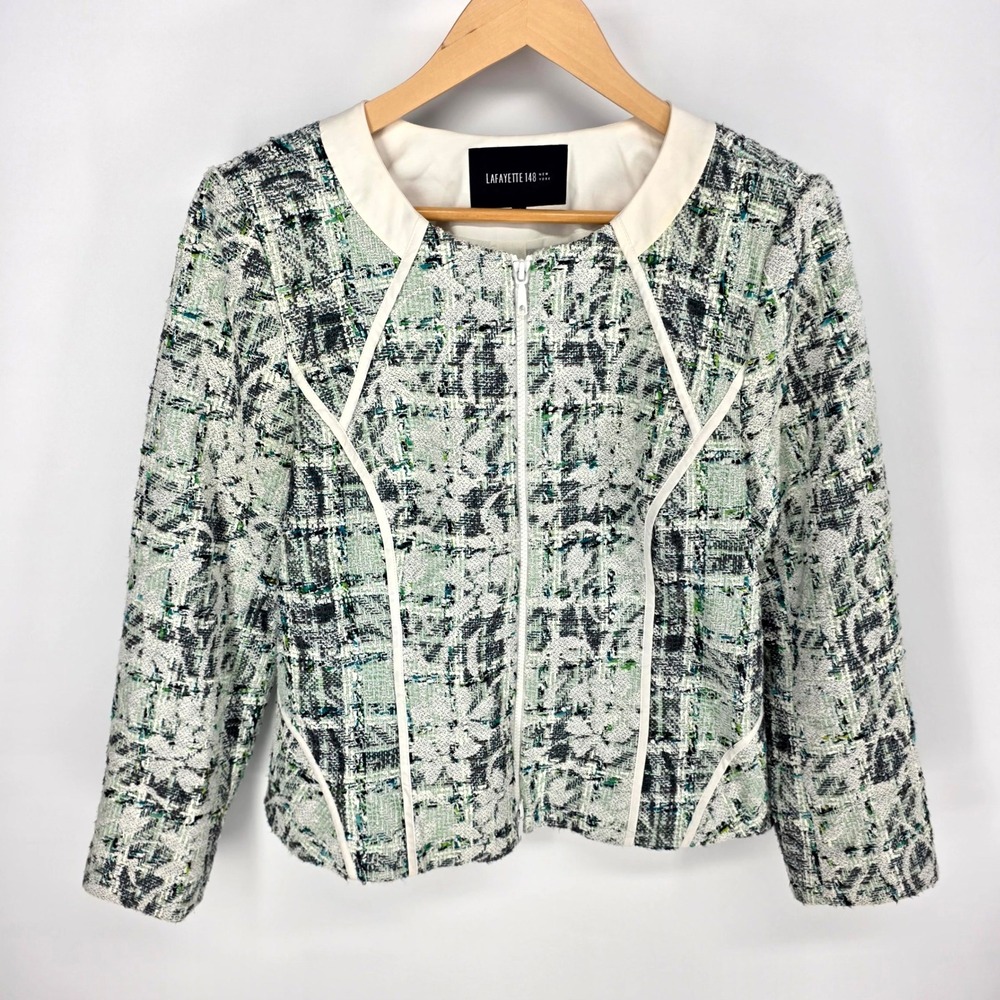 Lafayette 148 New York Jacket Womens‎ 12 Green Tweed Zip Front Textured Blazer